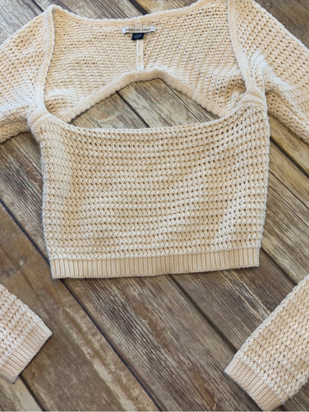 American Eagle Womens Medium Cream Crochet Open Back Capsule Transition Sweater